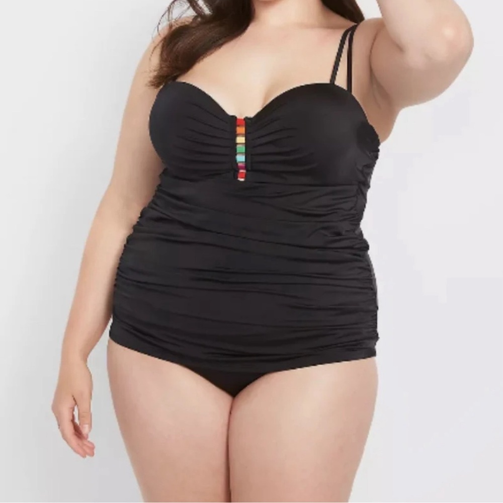 LANE BRYANT CACIQUE SWIM BLACK RAINBOW FITTED UNDERWIRE TANKINI TOP ONLY- 40DD